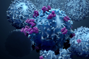 3d illustration proteins with lymphocytes , t cells or cancer ce Axis Bio services oncology cancer cell