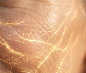 Skin longevity image Close-up on a wrinkled face to illustrate the mechanisms of aging, such as oxidative stress